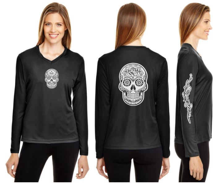 Sugar Skull Reflective V-Neck Long Sleeve - 100% Polyester