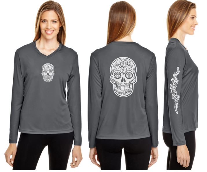 Sugar Skull Reflective V-Neck Long Sleeve - 100% Polyester