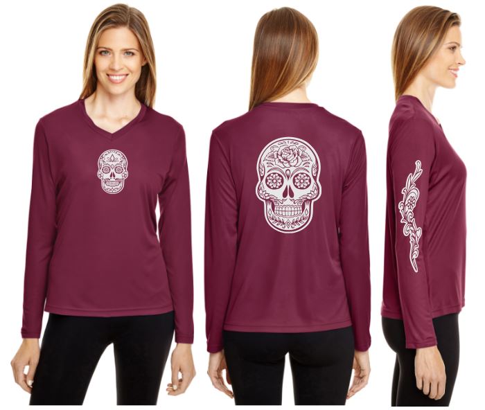 Sugar Skull Reflective V-Neck Long Sleeve - 100% Polyester