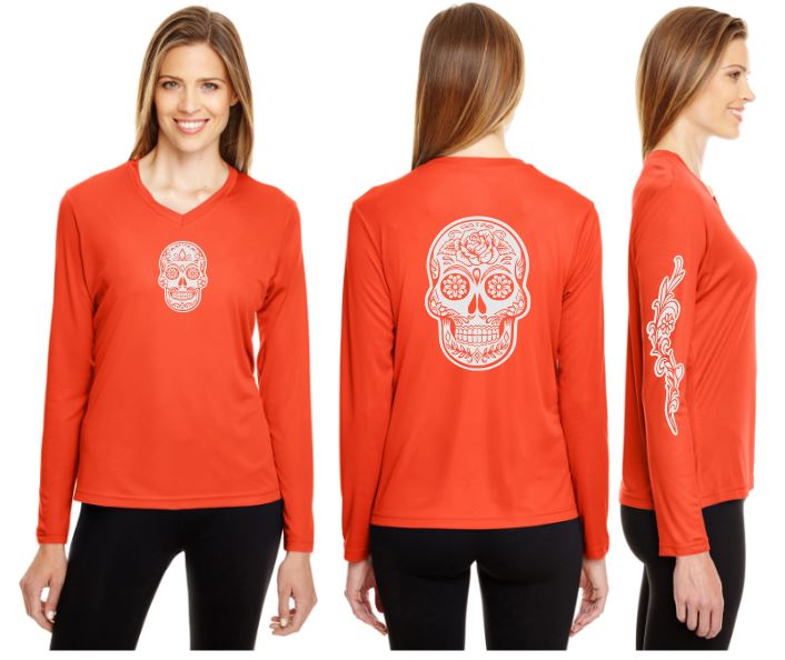 Sugar Skull Reflective V-Neck Long Sleeve - 100% Polyester