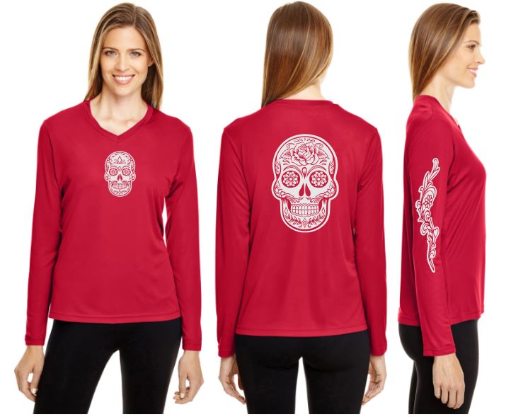 Sugar Skull Reflective V-Neck Long Sleeve - 100% Polyester