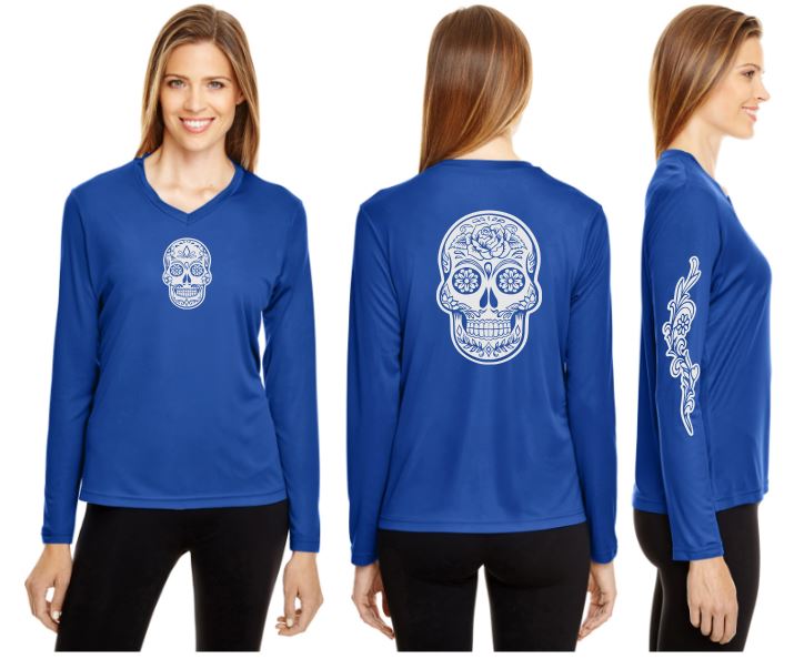 Sugar Skull Reflective V-Neck Long Sleeve - 100% Polyester