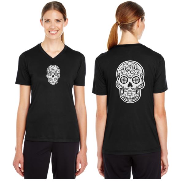 Sugar Skull Reflective V-Neck Tee - 100% Polyester