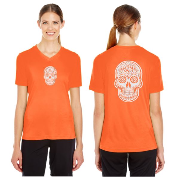 Sugar Skull Reflective V-Neck Tee - 100% Polyester