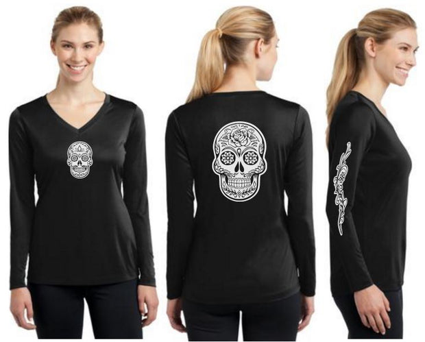 Sugar Skull Reflective V-Neck Long Sleeve - 100% Cotton