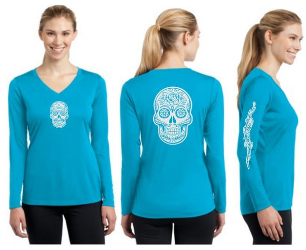 Sugar Skull Reflective V-Neck Long Sleeve - 100% Cotton