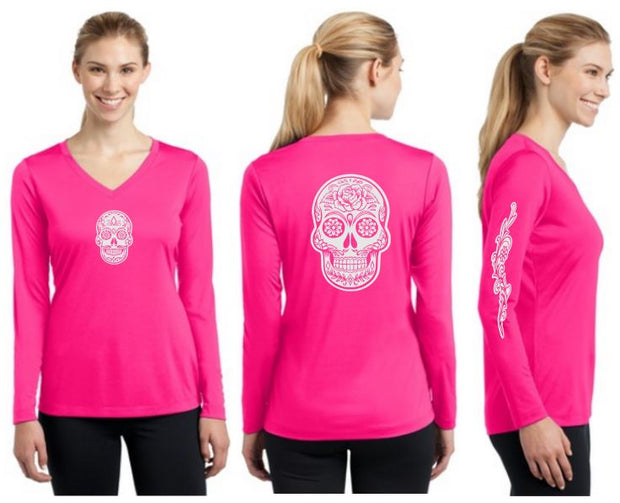 Sugar Skull Reflective V-Neck Long Sleeve - 100% Cotton