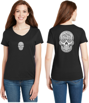 Sugar Skull Reflective V-Neck Tee - 100% Cotton