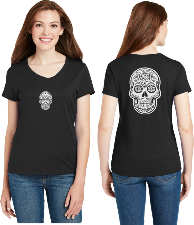 Sugar Skull Reflective V-Neck Tee - 100% Cotton