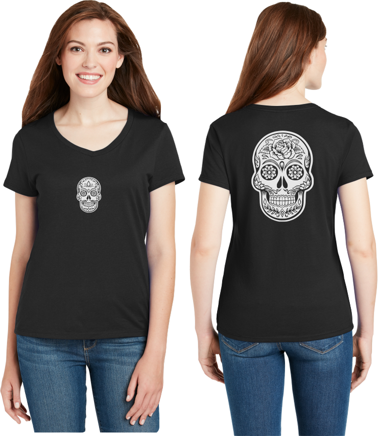 Sugar Skull Reflective V-Neck Tee - 100% Cotton