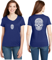 Sugar Skull Reflective V-Neck Tee - 100% Cotton