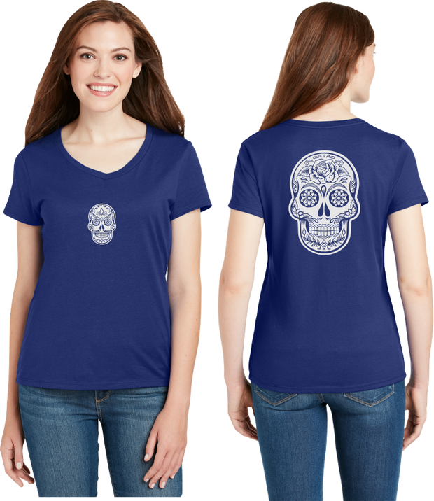 Sugar Skull Reflective V-Neck Tee - 100% Cotton