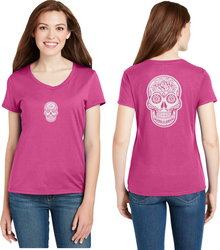 Sugar Skull Reflective V-Neck Tee - 100% Cotton