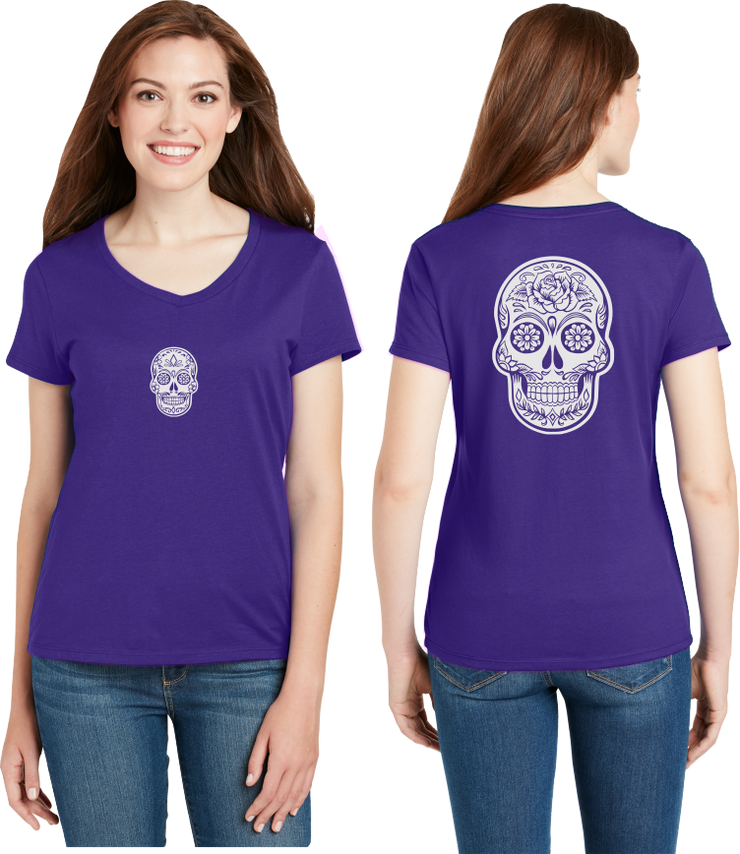 Sugar Skull Reflective V-Neck Tee - 100% Cotton